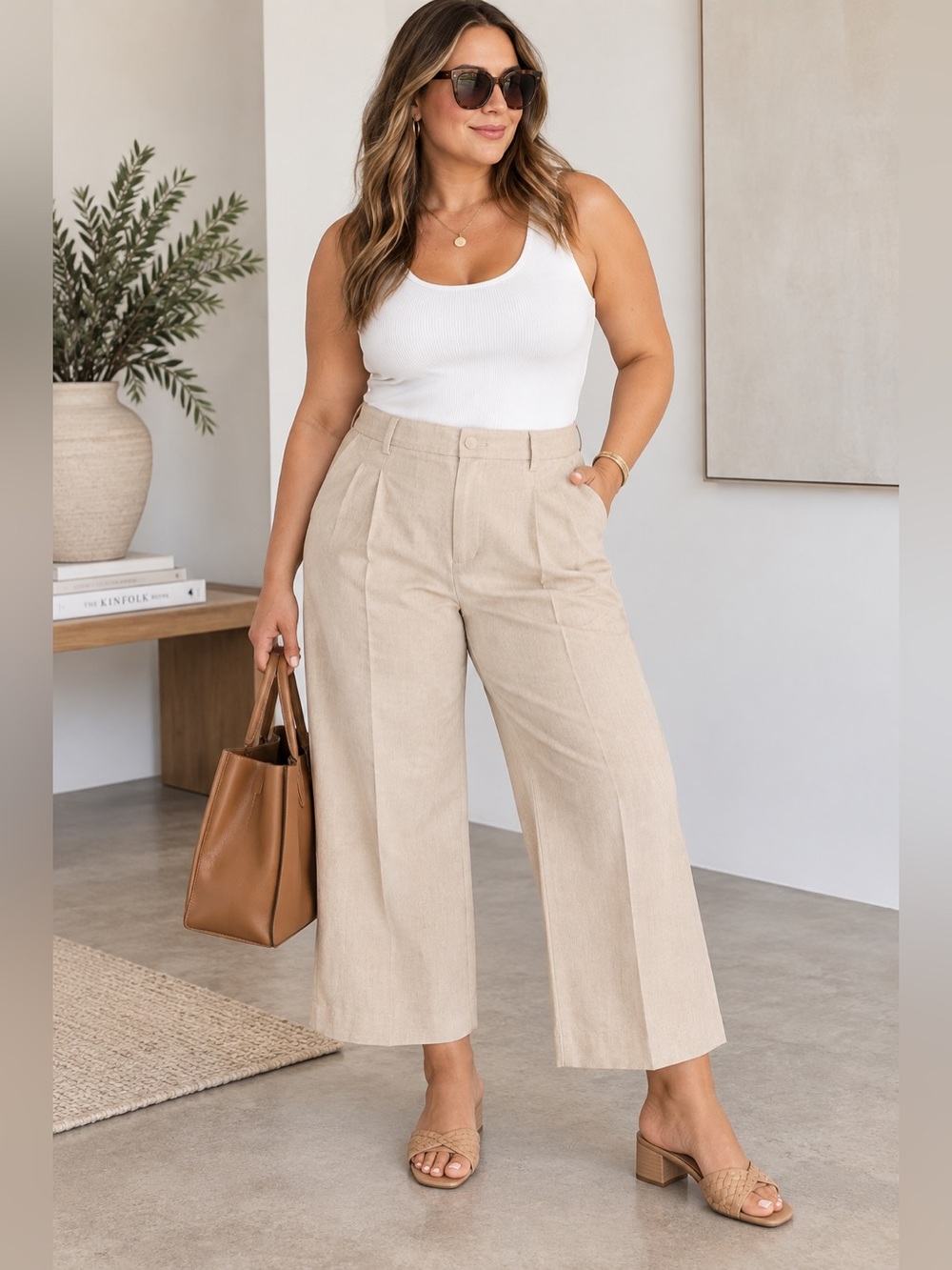 Vince Pleated Wide Leg Crop Pants Tan Beige Size Plus 24 NWT